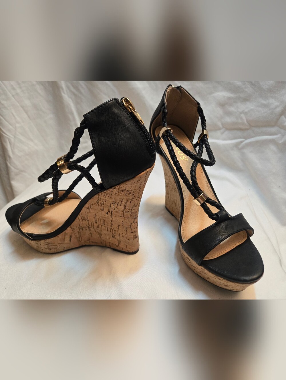 VENUS Black Braided Strap Cork Wedge Sandals